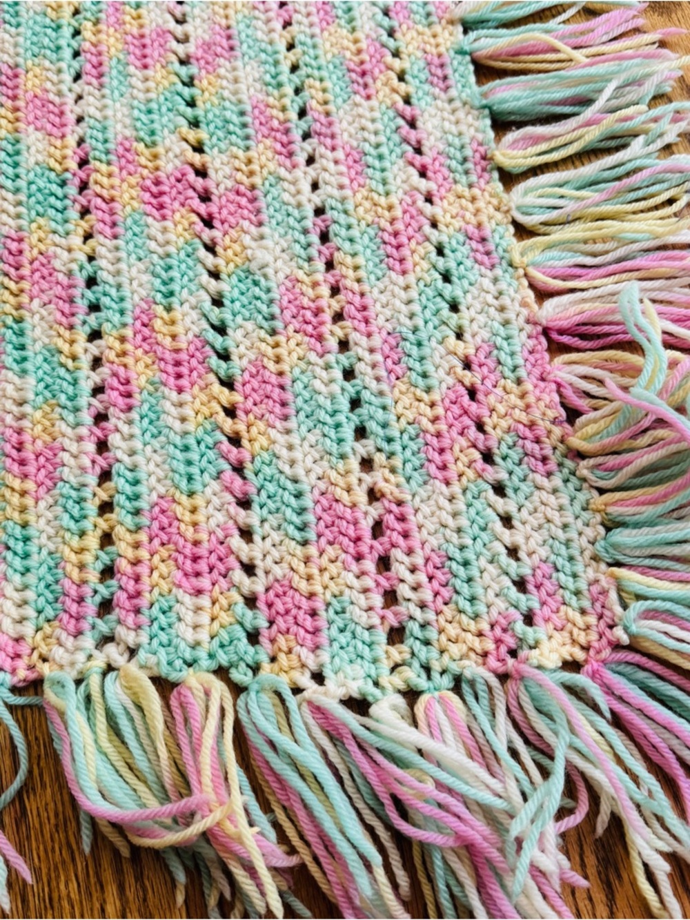 Vintage Handmade Crochet Knit Baby Blanket Pastel Green Yellow Pink Fringe 28x41